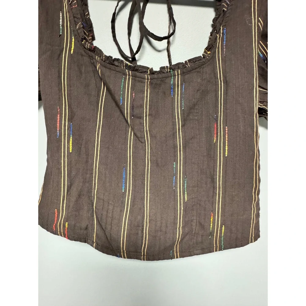 Free People Women's Seratonin XS Brown Striped Smocked Back Puff Sleeve Top‎ NWT